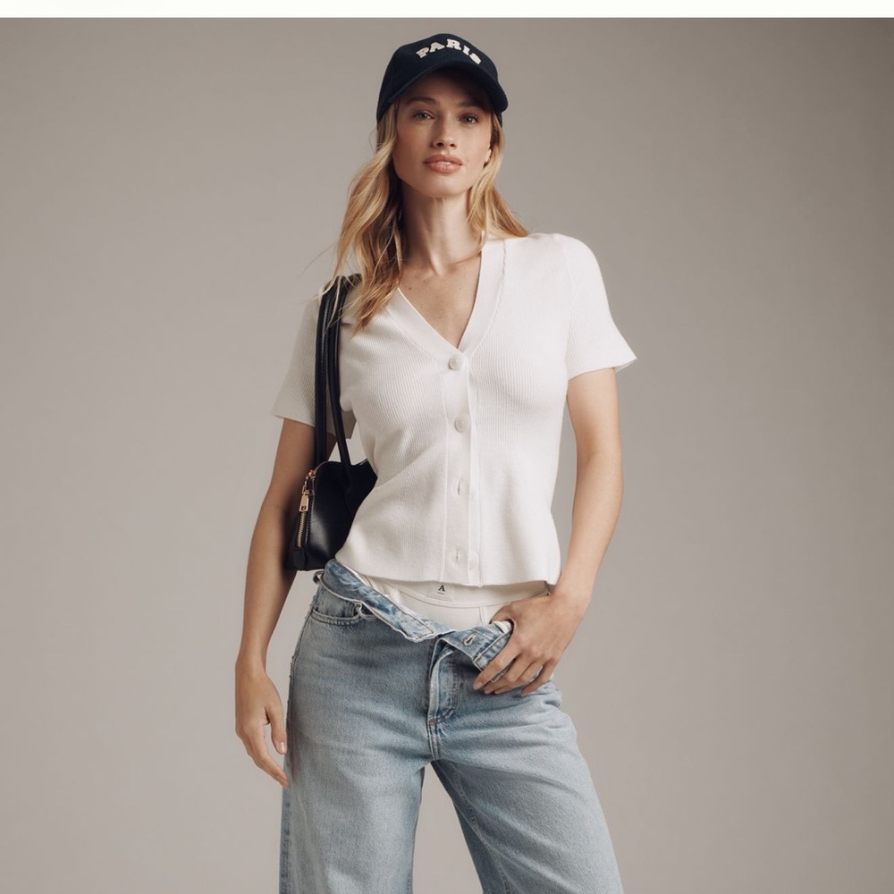 Maeve Short-Sleeve V-Neck Peplum Cardigan Sweater
